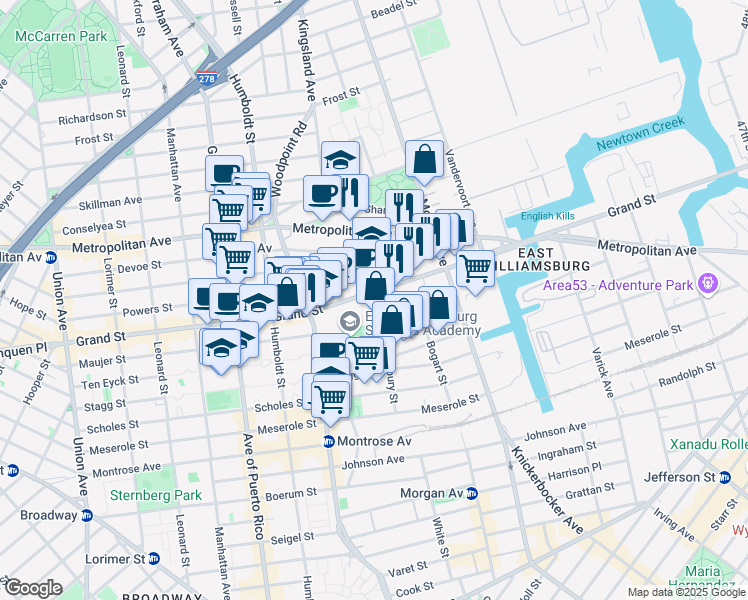 map of restaurants, bars, coffee shops, grocery stores, and more near 316 Powers Street in Brooklyn