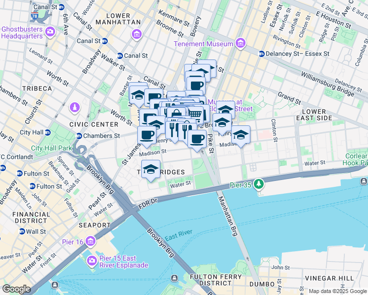 map of restaurants, bars, coffee shops, grocery stores, and more near 56 East Broadway in New York