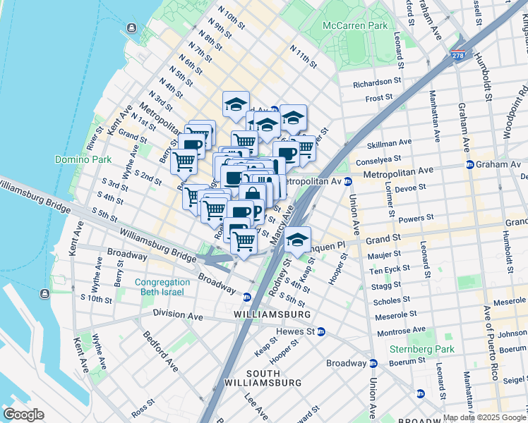 map of restaurants, bars, coffee shops, grocery stores, and more near 124-128 Havemeyer Street in Brooklyn