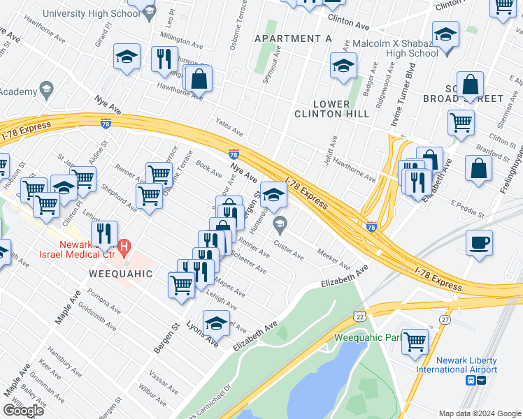 map of restaurants, bars, coffee shops, grocery stores, and more near 905 Hunterdon Street in Newark