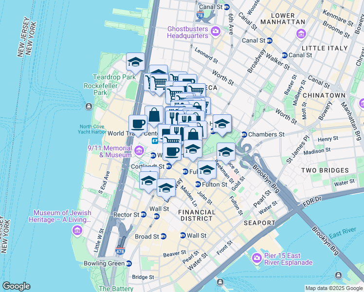 map of restaurants, bars, coffee shops, grocery stores, and more near 22 Barclay Street in New York