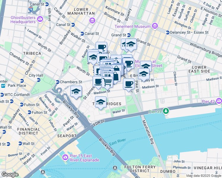 map of restaurants, bars, coffee shops, grocery stores, and more near 29 Henry Street in New York