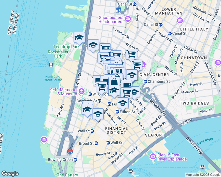 map of restaurants, bars, coffee shops, grocery stores, and more near in New York