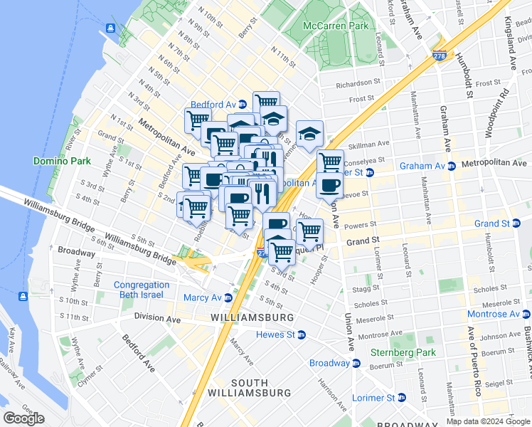 map of restaurants, bars, coffee shops, grocery stores, and more near 357 Grand Street in Brooklyn