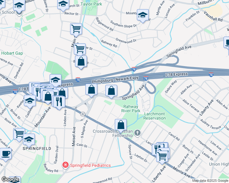 map of restaurants, bars, coffee shops, grocery stores, and more near 118 Victory Road in Springfield