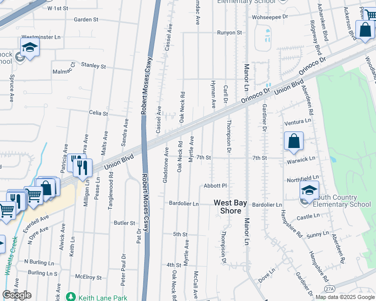 map of restaurants, bars, coffee shops, grocery stores, and more near 703 Myrtle Avenue in West Islip