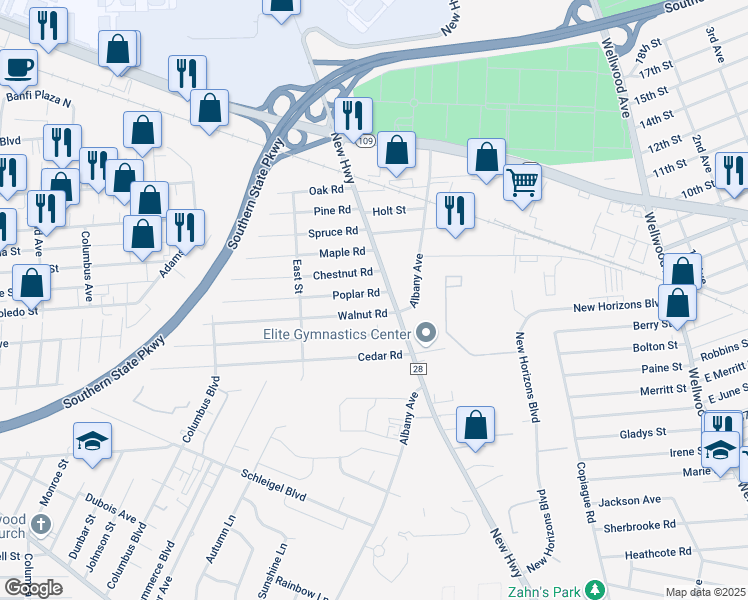 map of restaurants, bars, coffee shops, grocery stores, and more near 340 New Highway in Amityville