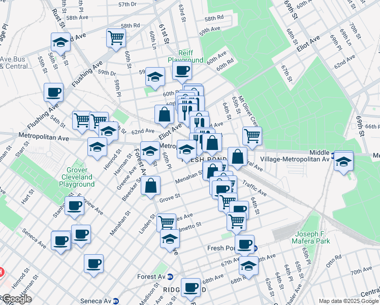 map of restaurants, bars, coffee shops, grocery stores, and more near in Queens