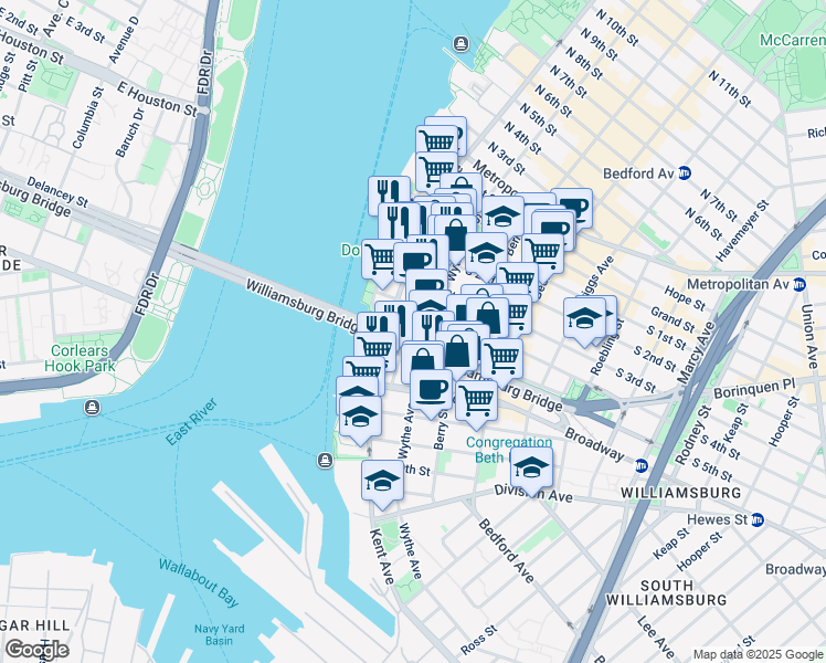 map of restaurants, bars, coffee shops, grocery stores, and more near 36-46 South 4th Street in Brooklyn
