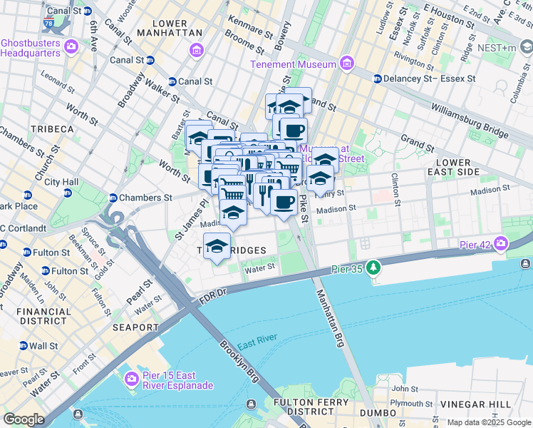 map of restaurants, bars, coffee shops, grocery stores, and more near 111 Madison Street in New York