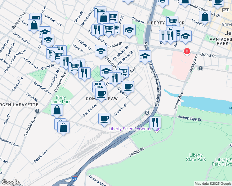 map of restaurants, bars, coffee shops, grocery stores, and more near 335 Whiton Street in Jersey City
