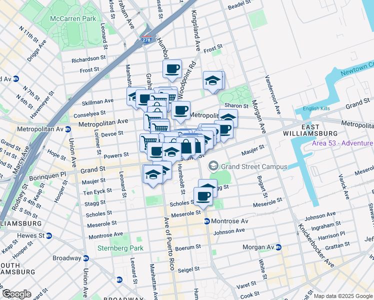 map of restaurants, bars, coffee shops, grocery stores, and more near 65 Bushwick Avenue in Brooklyn