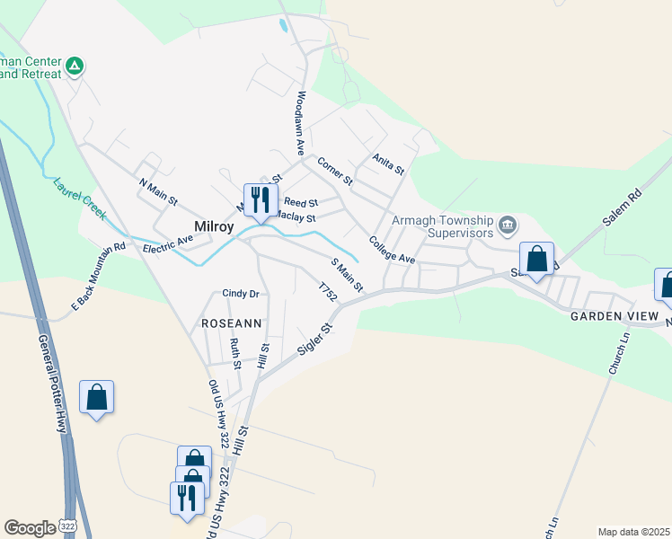 map of restaurants, bars, coffee shops, grocery stores, and more near 124 South Main Street in Milroy