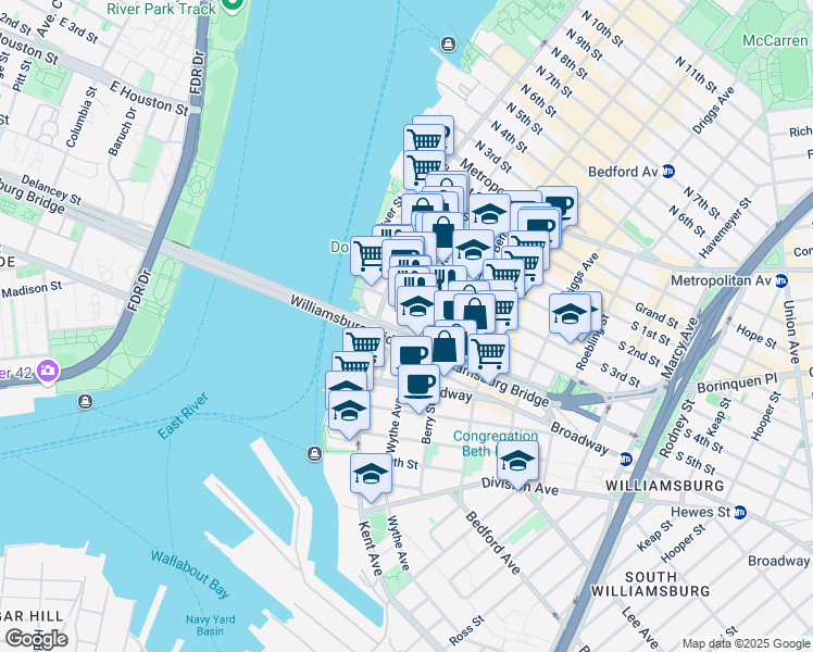 map of restaurants, bars, coffee shops, grocery stores, and more near 36-46 South 4th Street in Brooklyn