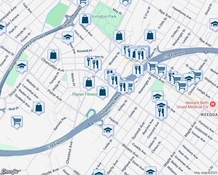 map of restaurants, bars, coffee shops, grocery stores, and more near 1929 Chancellor Avenue in Irvington