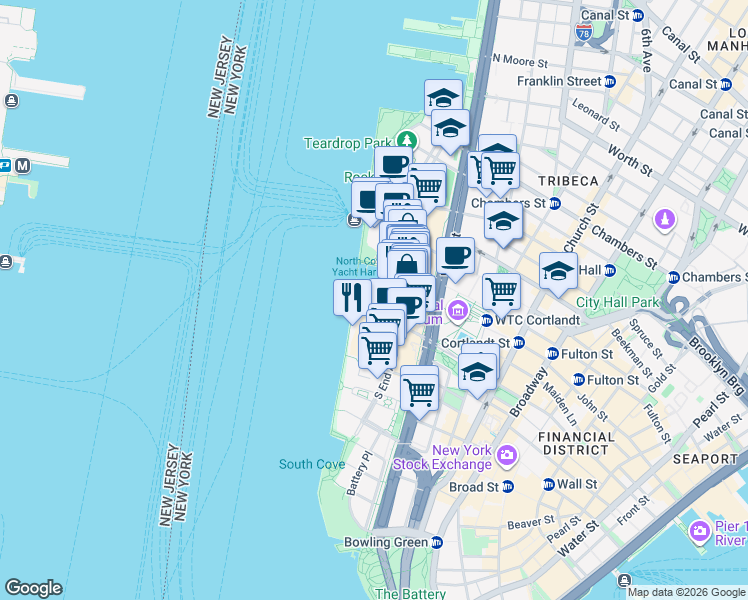 map of restaurants, bars, coffee shops, grocery stores, and more near 225 Liberty Street in New York