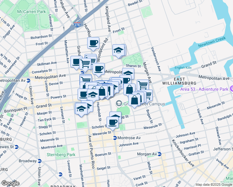 map of restaurants, bars, coffee shops, grocery stores, and more near 182 Powers Street in Brooklyn