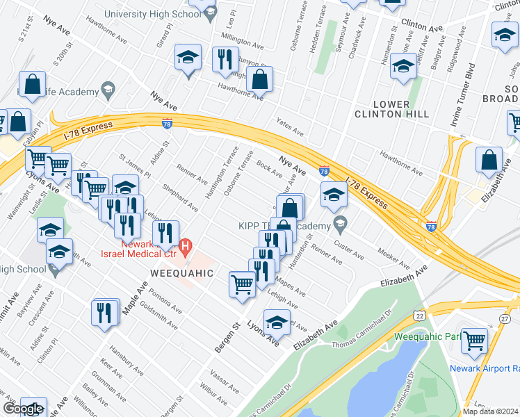 map of restaurants, bars, coffee shops, grocery stores, and more near 203 Renner Avenue in Newark