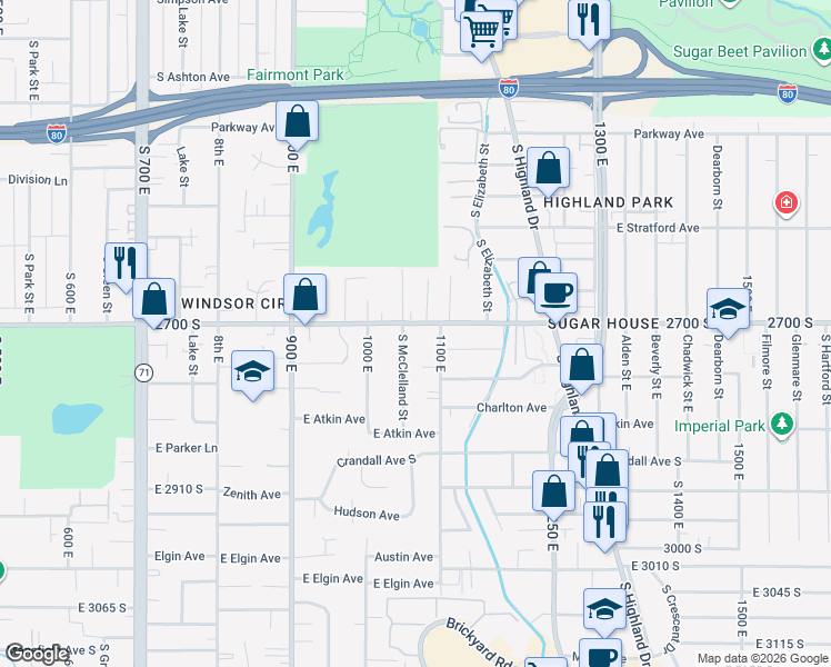 map of restaurants, bars, coffee shops, grocery stores, and more near 1045 East 2700 South in Salt Lake City