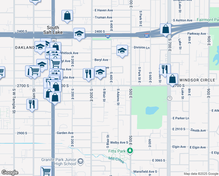 map of restaurants, bars, coffee shops, grocery stores, and more near 2681-2695 South 360 East in South Salt Lake