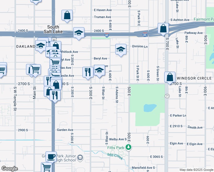 map of restaurants, bars, coffee shops, grocery stores, and more near 2681-2695 South 360 East in South Salt Lake