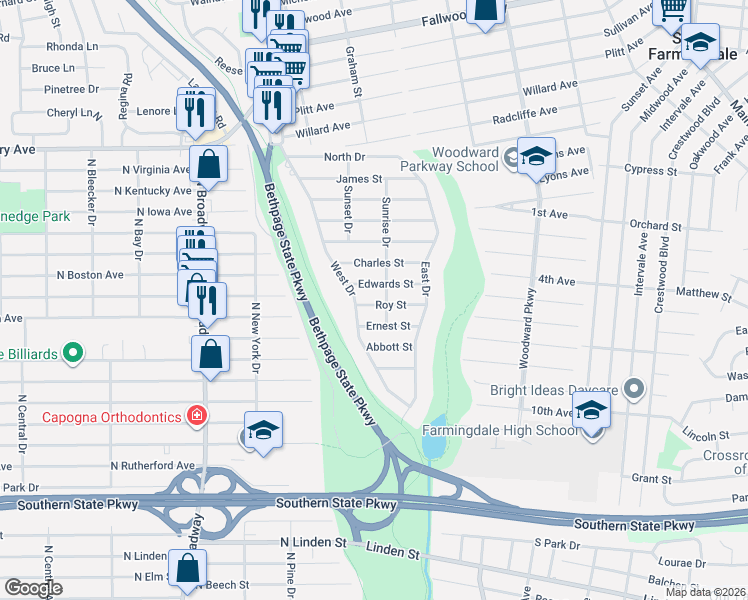 map of restaurants, bars, coffee shops, grocery stores, and more near 110 Edwards Street in Massapequa