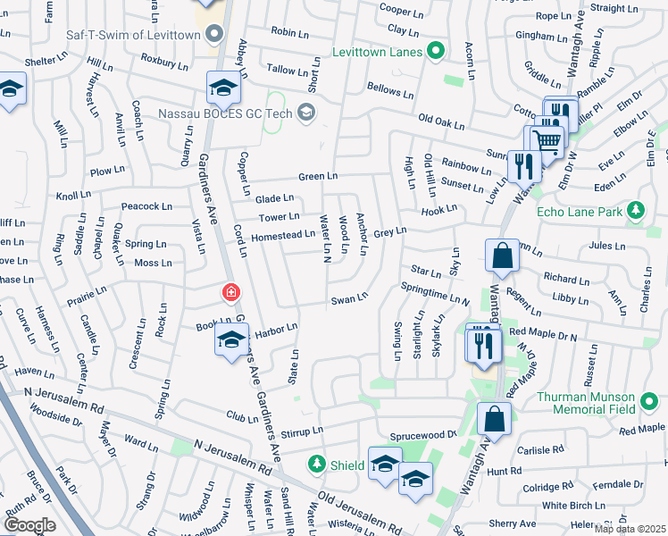 map of restaurants, bars, coffee shops, grocery stores, and more near 49 Water Lane North in Levittown