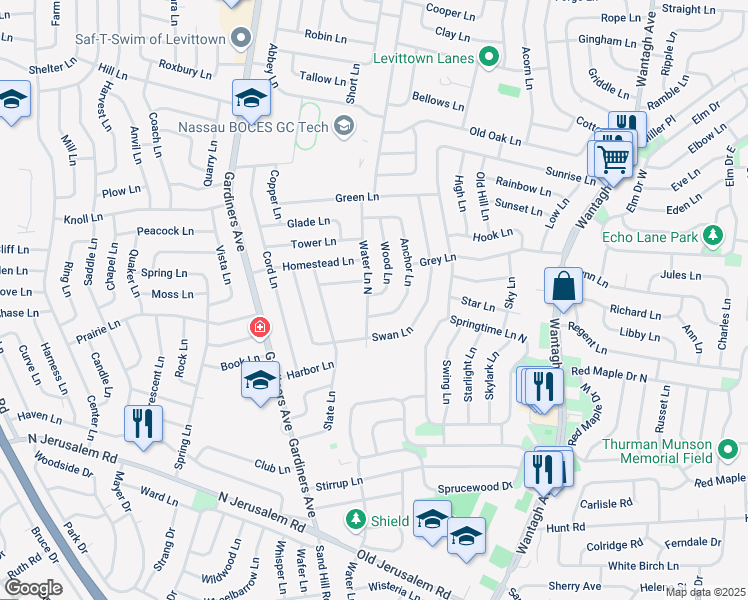 map of restaurants, bars, coffee shops, grocery stores, and more near 49 Water Lane North in Levittown