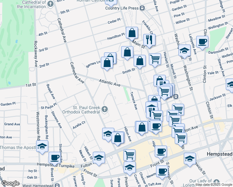 map of restaurants, bars, coffee shops, grocery stores, and more near 180 Hilton Avenue in Hempstead