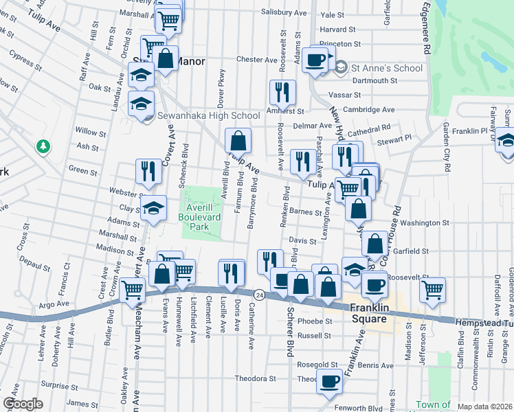 map of restaurants, bars, coffee shops, grocery stores, and more near 166 Barrymore Boulevard in Franklin Square