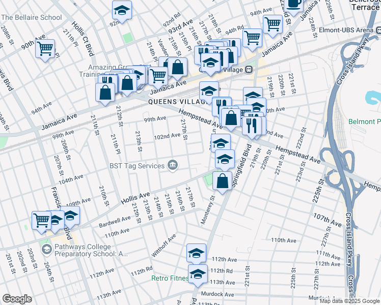 map of restaurants, bars, coffee shops, grocery stores, and more near 102-16 217th Street in Queens
