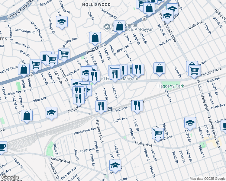 map of restaurants, bars, coffee shops, grocery stores, and more near 195-02 Jamaica Avenue in Queens