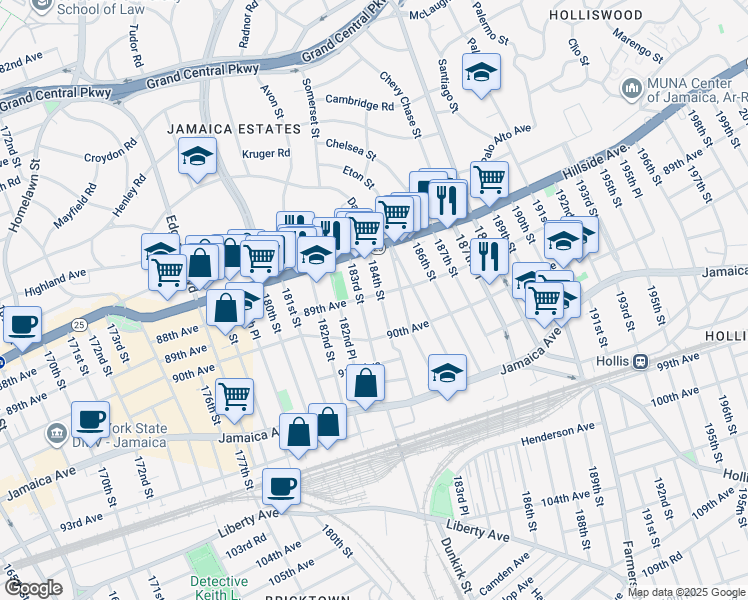 map of restaurants, bars, coffee shops, grocery stores, and more near 88-35 184th Street in Queens