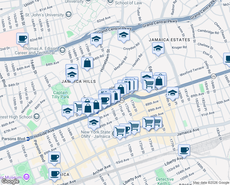 map of restaurants, bars, coffee shops, grocery stores, and more near 87-03 Kingston Place in Queens