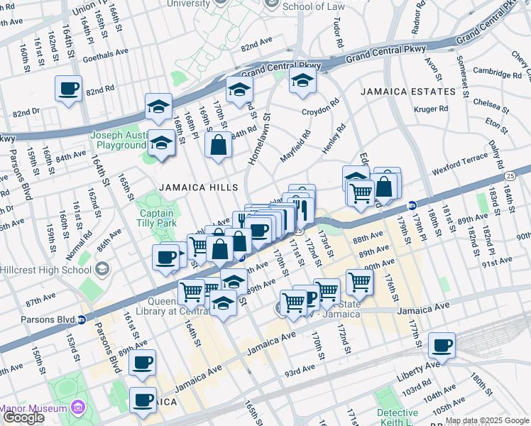 map of restaurants, bars, coffee shops, grocery stores, and more near 170-15 Highland Avenue in Queens