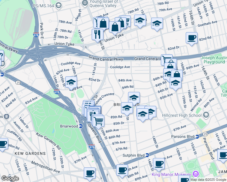 map of restaurants, bars, coffee shops, grocery stores, and more near in Queens