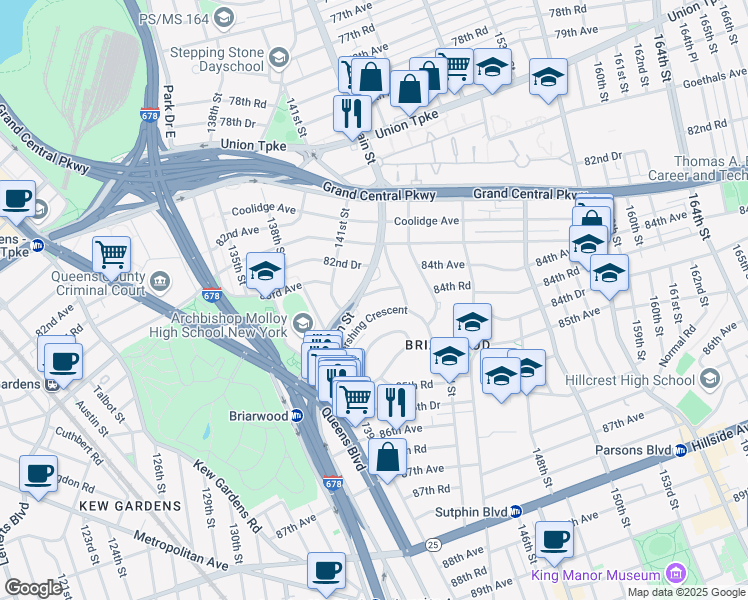 map of restaurants, bars, coffee shops, grocery stores, and more near 141-71 84th Road in Queens