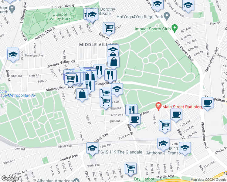 map of restaurants, bars, coffee shops, grocery stores, and more near 79-62 Metropolitan Avenue in Queens