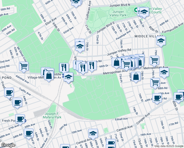 map of restaurants, bars, coffee shops, grocery stores, and more near 66-55 71st Street in Queens