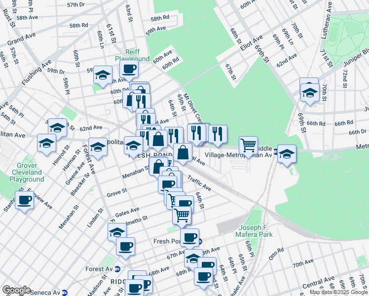map of restaurants, bars, coffee shops, grocery stores, and more near 62-52 64th Street in Queens