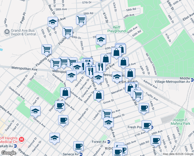 map of restaurants, bars, coffee shops, grocery stores, and more near 60-09 Metropolitan Avenue in Queens