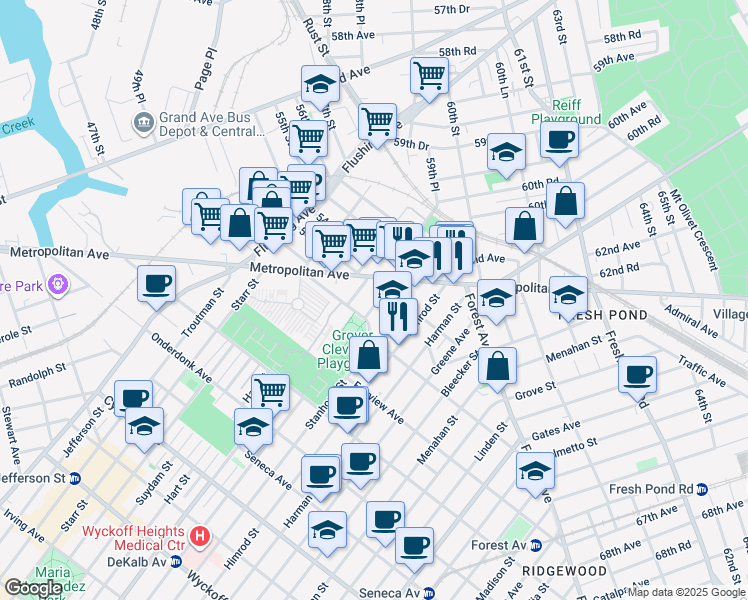 map of restaurants, bars, coffee shops, grocery stores, and more near in Queens