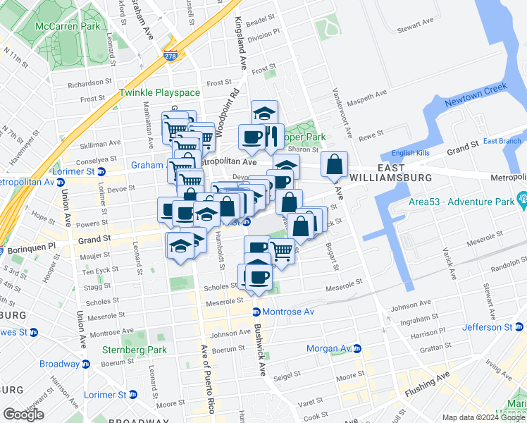 map of restaurants, bars, coffee shops, grocery stores, and more near 182 Powers Street in Brooklyn