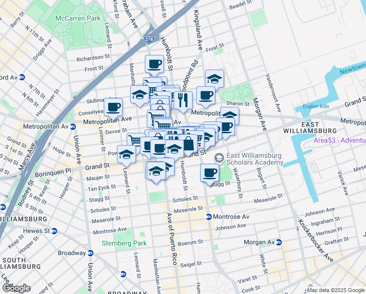 map of restaurants, bars, coffee shops, grocery stores, and more near 321A Humboldt Street in Brooklyn
