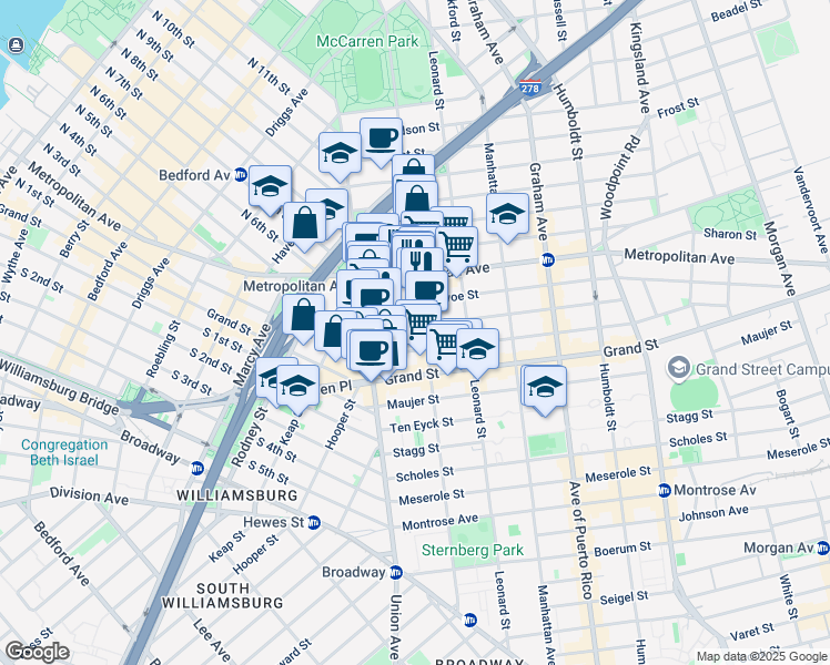 map of restaurants, bars, coffee shops, grocery stores, and more near 38 Devoe Street in Brooklyn