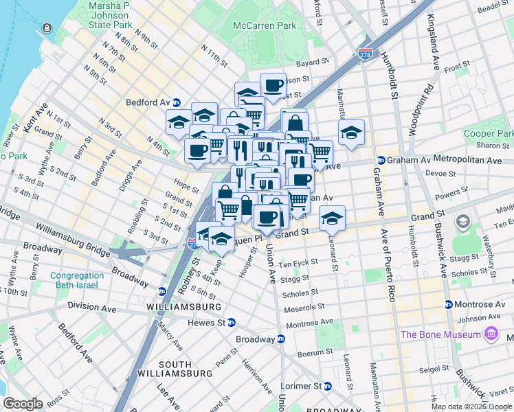 map of restaurants, bars, coffee shops, grocery stores, and more near in Brooklyn