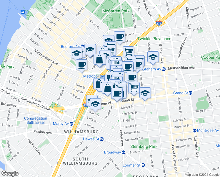 map of restaurants, bars, coffee shops, grocery stores, and more near 422 Union Avenue in Brooklyn