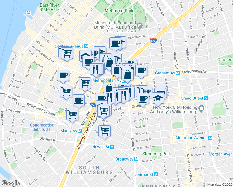 map of restaurants, bars, coffee shops, grocery stores, and more near 45 Ainslie Street in Brooklyn