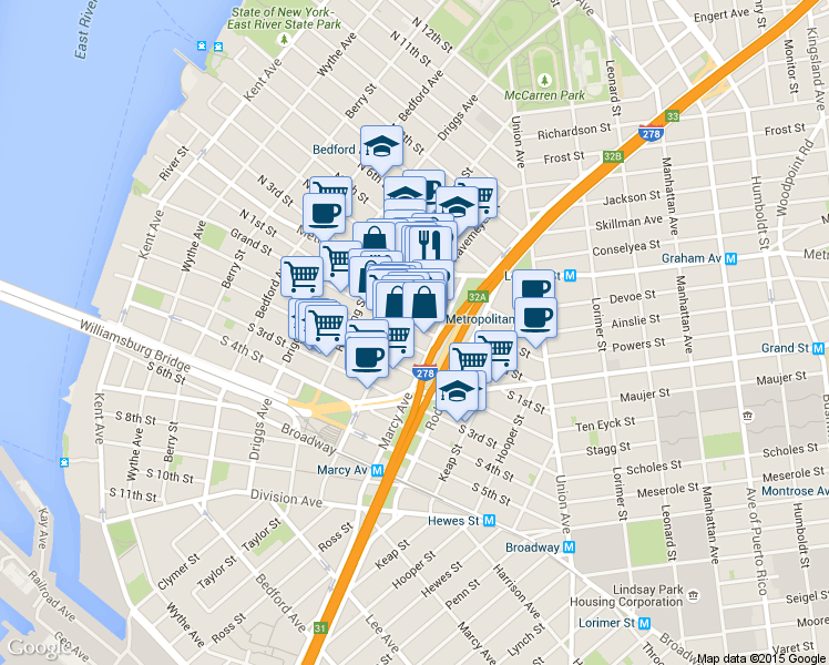 map of restaurants, bars, coffee shops, grocery stores, and more near 62 Hope Street in Brooklyn