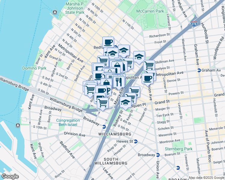 map of restaurants, bars, coffee shops, grocery stores, and more near 62 Hope Street in Brooklyn